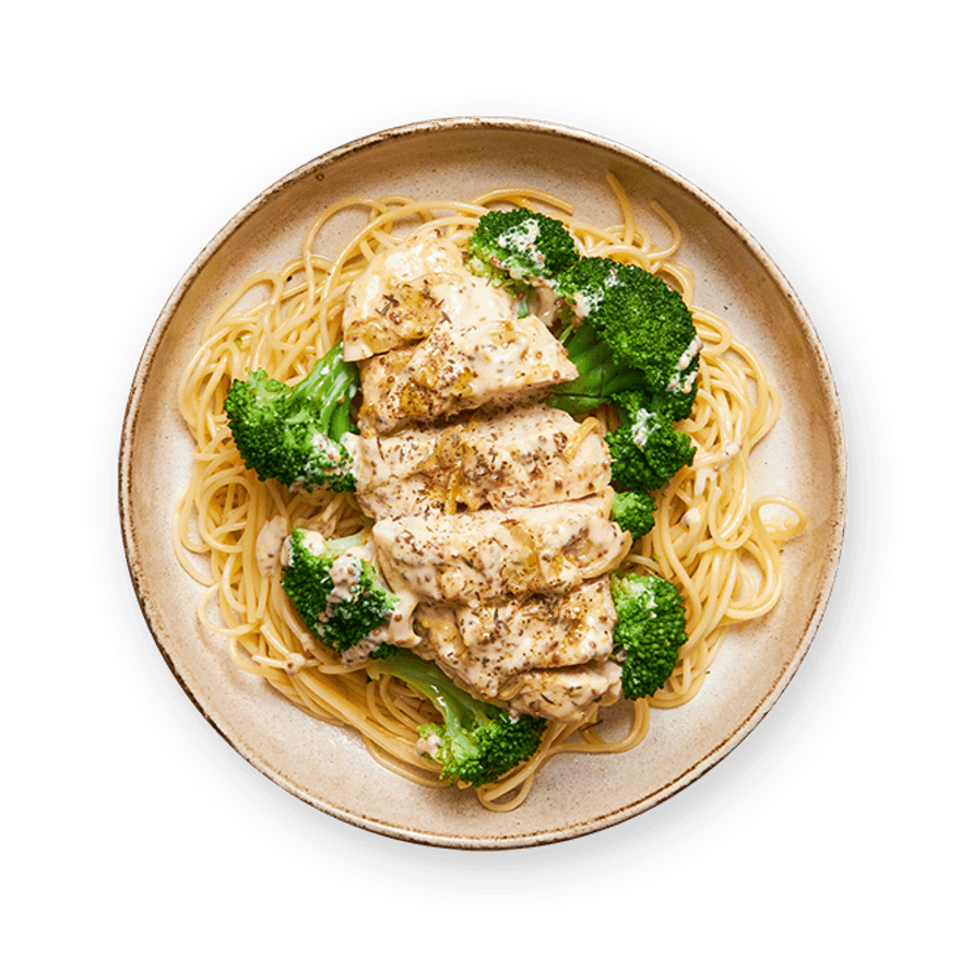 Poulet sauce moutarde, brocoli & spaghetti