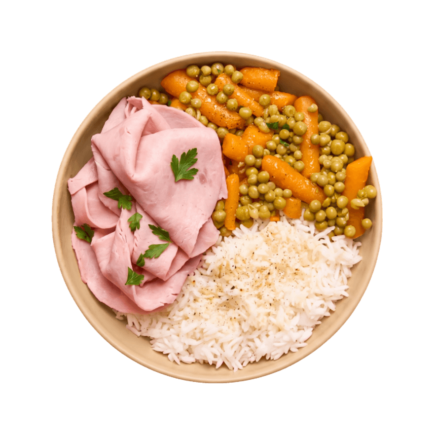 Jambon, petits pois carottes & riz