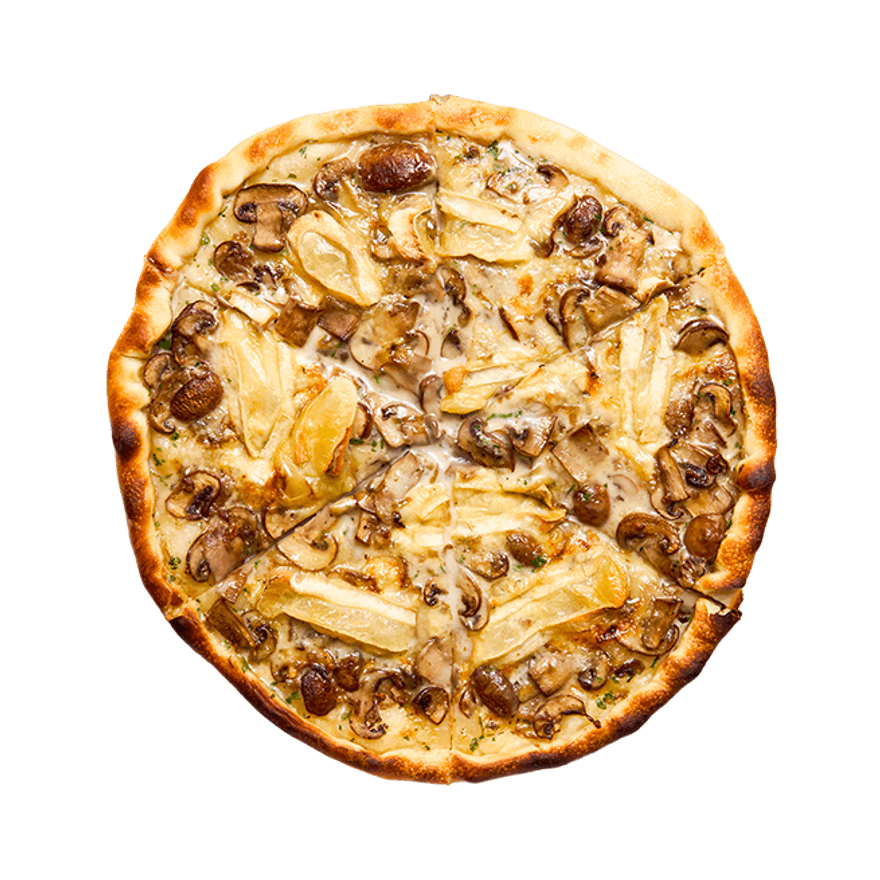 Tarte flambée aux échalotes, champignons & reblochon