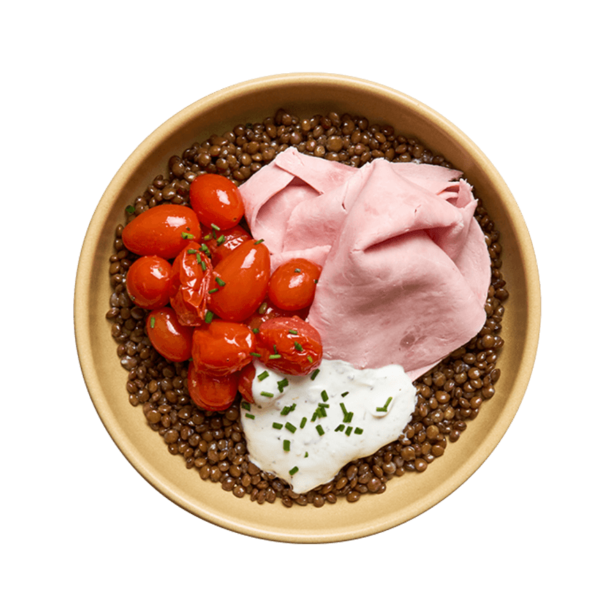 Bowl jambon, lentilles & tomates confites