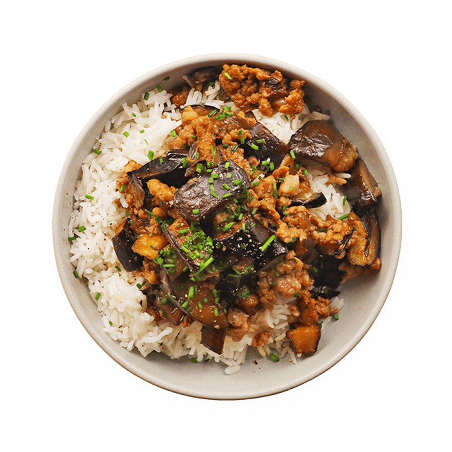 Aubergines braisées au porc & riz