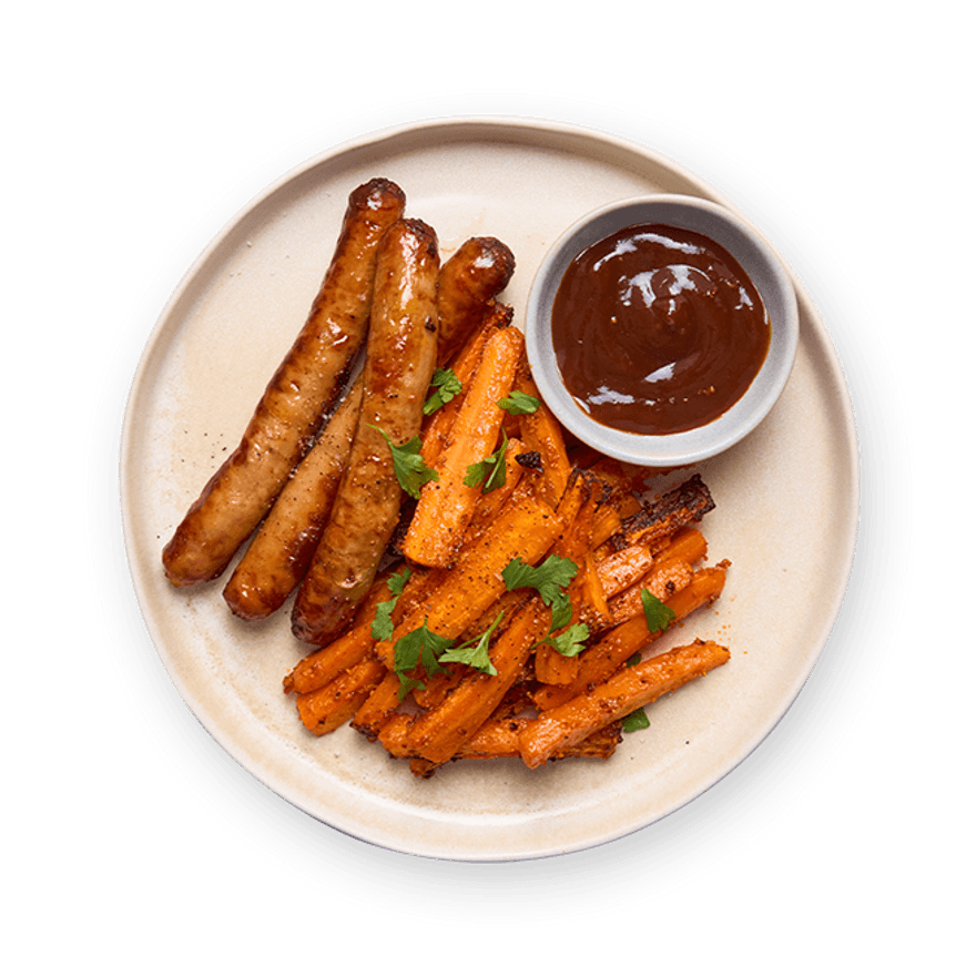 Chipolatas & frites de carottes au air-fryer