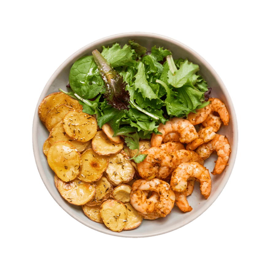 Crevettes au paprika, pommes de terre & salade