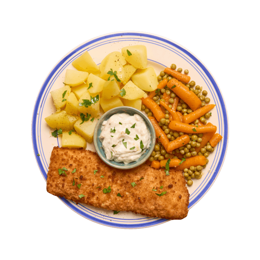 Poisson pané, petits pois carottes & pommes de terre