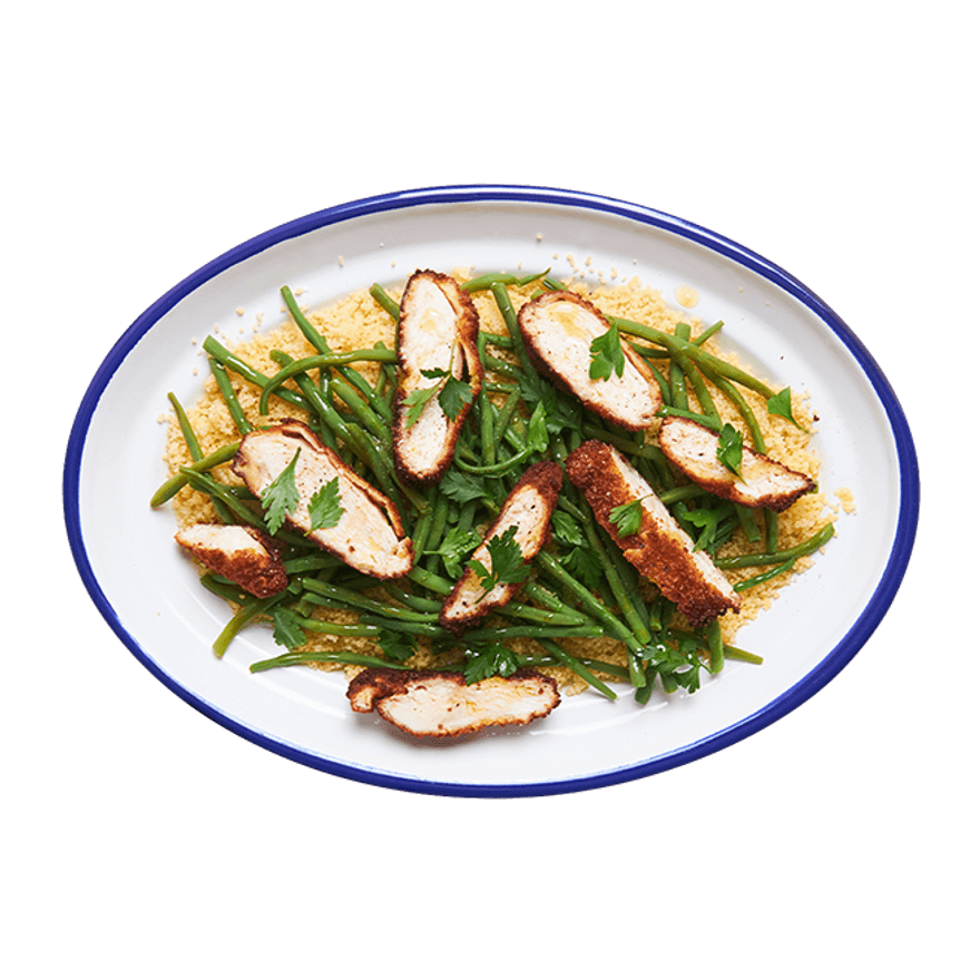 Poulet pané, semoule & haricots verts