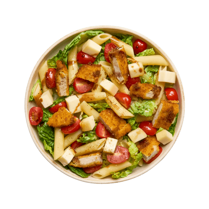 Salade de pâtes au poulet pané & Chaussée aux moines