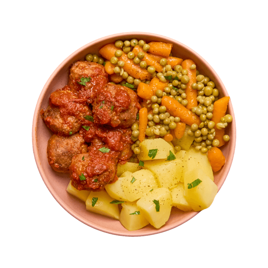 Boulettes, petits pois carottes & pommes de terre