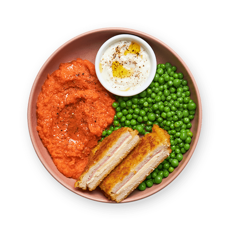 Cordon bleu, purée de carottes & petits pois