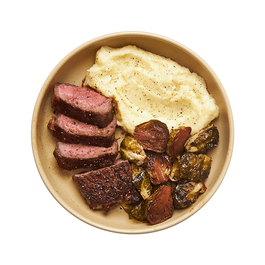 Steak, purée & choux de Bruxelles au balsamique