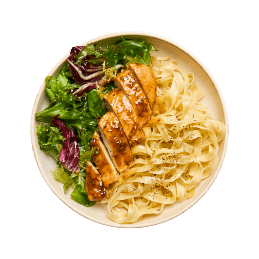 Poulet au miel, tagliatelle & salade