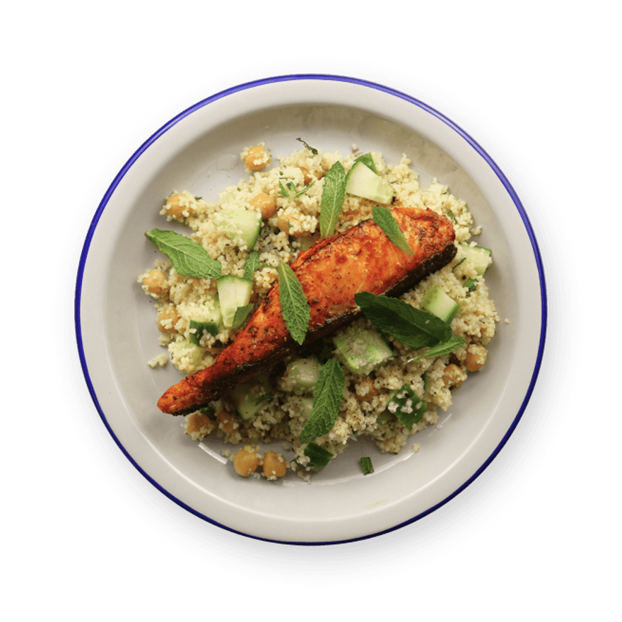 Saumon au harissa & taboulé aux concombres et pois-chiches