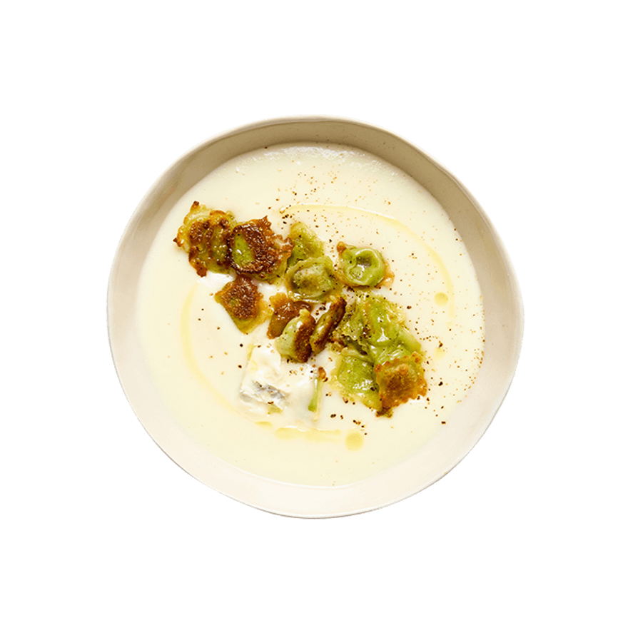 Velouté de chou-fleur au gorgonzola & ravioles du Dauphiné