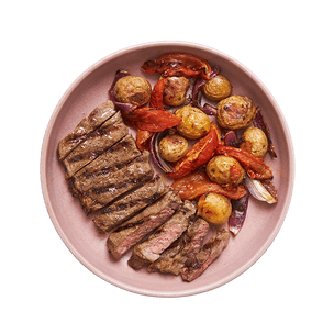 Steak, pommes de terre & tomates rôties