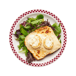 Croque-monsieur chèvre, jambon cru & salade