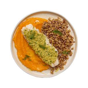 Herb-crusted haddock & pumpkin purée