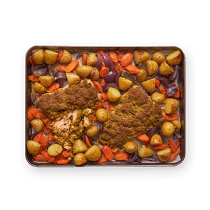 Saumon en croûte de pistaches & légumes rôtis