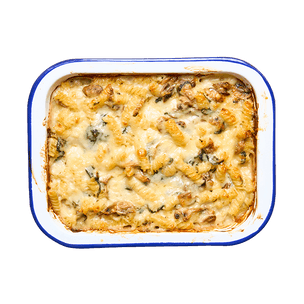 Gratin de pâtes aux champignons, épinards & comté