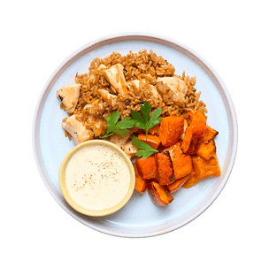 Riz sauté au poulet, potimarron & sauce ail et fines herbes