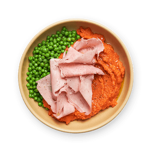 Purée de carottes, petits pois & jambon