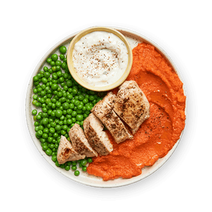 Purée de carottes, petits pois & poulet