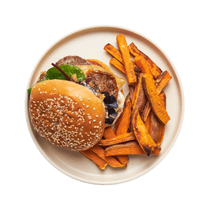 Burger tomme, tomates séchées & frites de patates douces