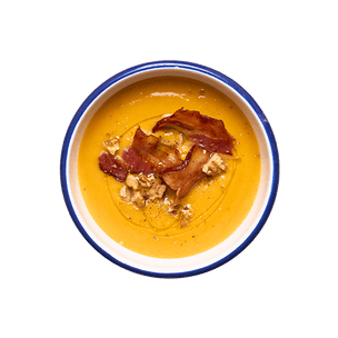 Soup with roasted butternut squash & grilled bacon