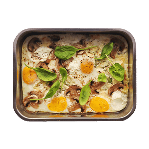 Baked Eggs with Mushrooms, Spinach & Bacon