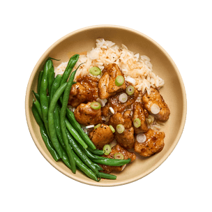 Poulet au sésame, haricots verts & riz