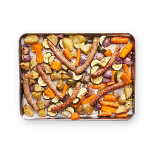 One pan chipolatas & légumes rôtis