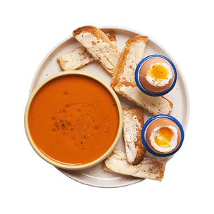 Soupe express aux légumes & œufs à la coque