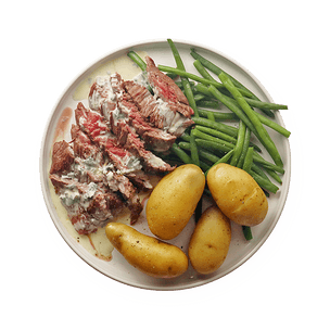 Bavette au roquefort, pommes de terre & haricots