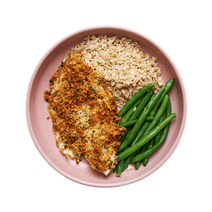 Cabillaud en croûte de parmesan, haricots verts & riz