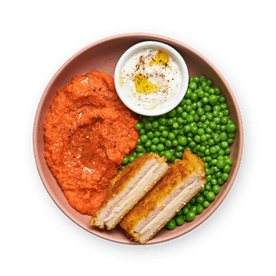 Purée de carottes, petits pois & cordon bleu