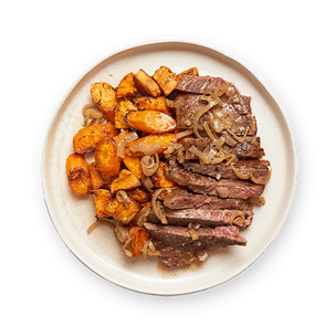 Faux-filet, sauce à l'échalote & légumes rôtis