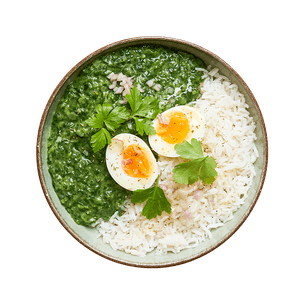 Œuf mollet, épinards à la crème & riz