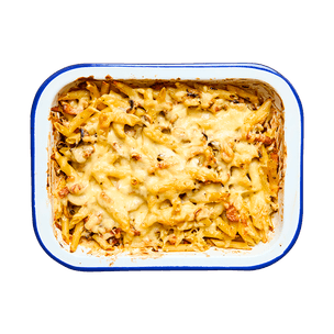 Gratin de pâtes aux champignons & lardons