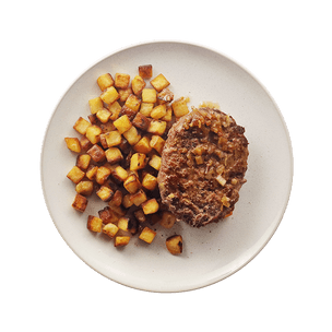 Bunless burger with shallots & hash browns