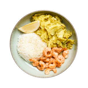 Crevettes, fondue de poireaux au curry & riz