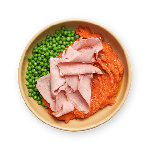 Jambon, purée de carottes & petits pois