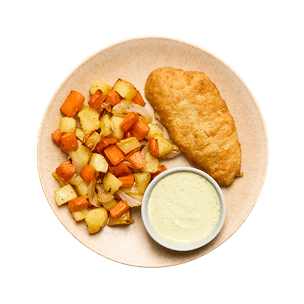 Poisson pané, légumes rôtis & sauce pesto