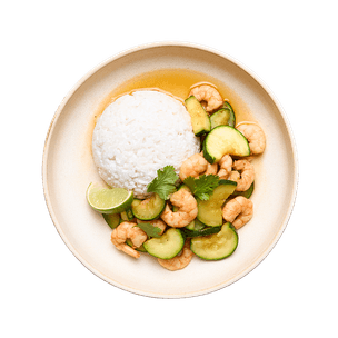 Crevettes sautées au citron vert, courgettes & riz coco
