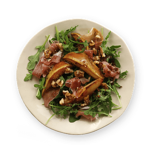 Salade de poire rôtie, prosciutto & roquette