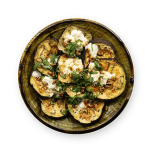 Roast Eggplant with Burrata & Pine Nuts