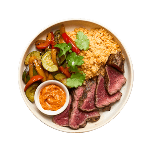 Rumsteck, poêlée de légumes & semoule