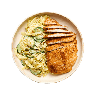 Crispy chicken cutlet & creamy zucchini tagliatelle
