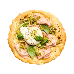 Tarte fine mortadelle, burrata & pistaches