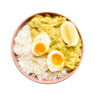 Œuf mollet, fondue de poireaux au curry & riz