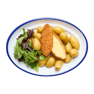 Caprice des Dieux pané, pommes grenailles & salade