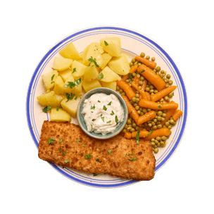 Poisson pané, petits pois carottes & pommes de terre