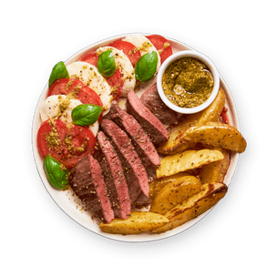 Steak, pommes de terre & tomates mozza au pesto